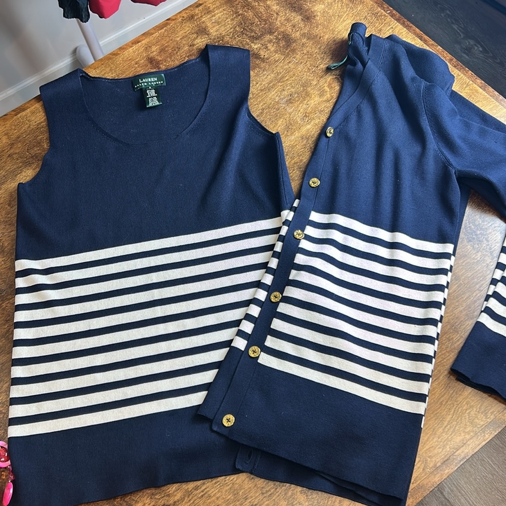 Lauren Ralph Lauren Blue and White Button Down Tank Top with Cardigan - Picture 16 of 16